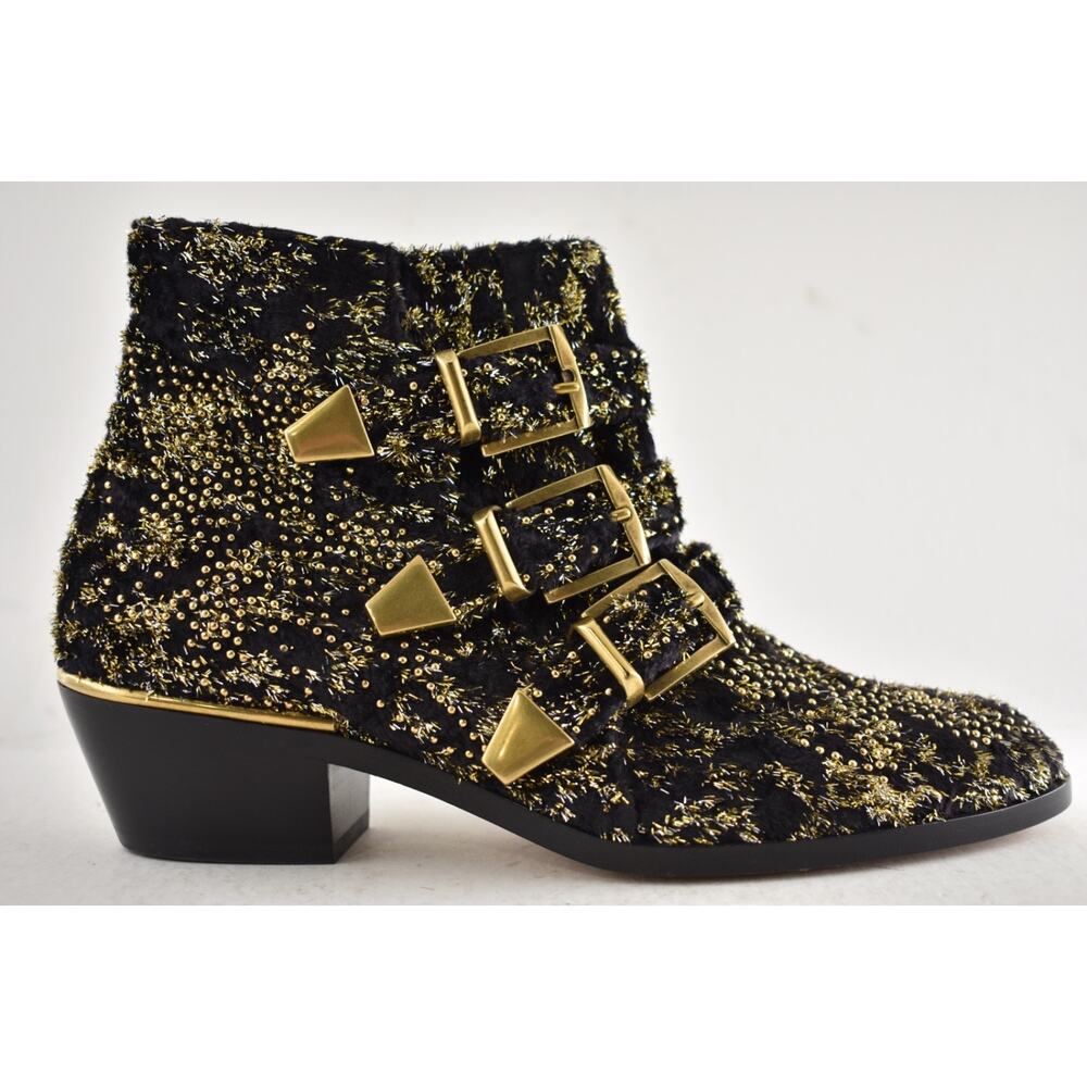 Chloe Suzanna Black Gold Velvet Coupe Studded Short Zipper Ankle Heel Bootie 37 - Picture 2 of 15